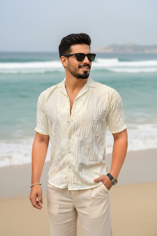 Saudi Embroidered ZigZag Shirt  – BEIGE