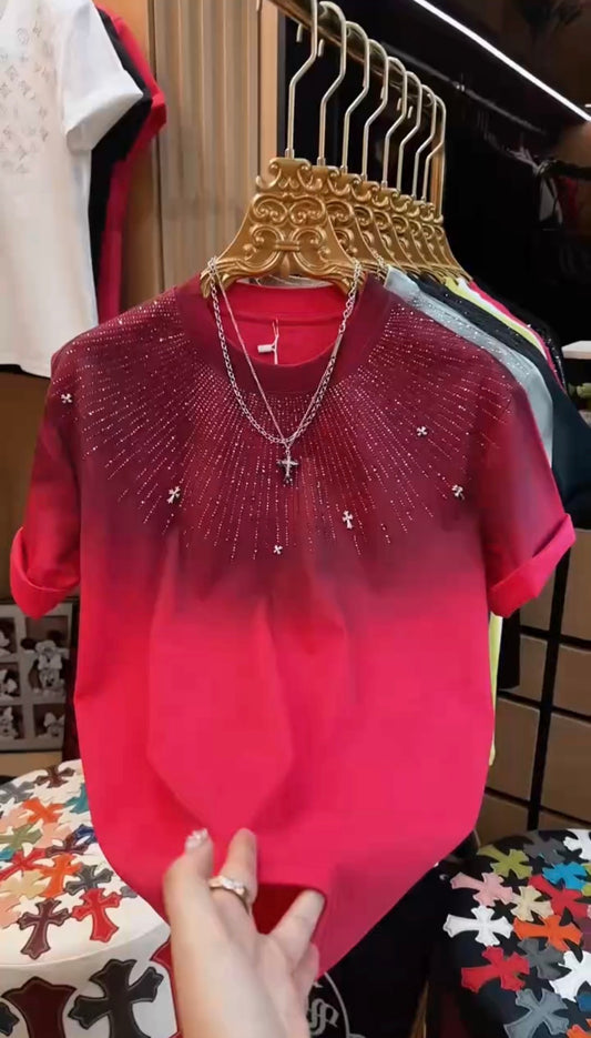 Ruby Galaxy Luxury Diamond Rhinestones Tshirt - Red