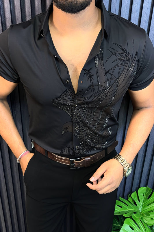 Falcon Jacquard Half Sleeves Shirt - BLACK