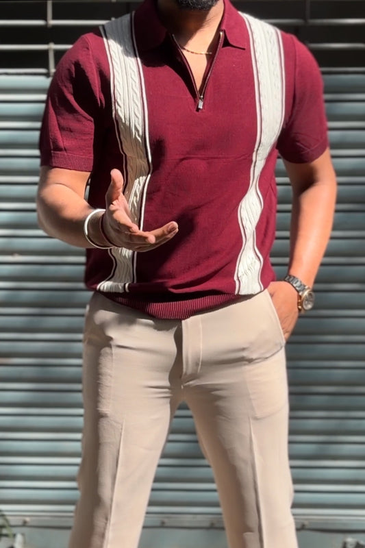 Verona Striped Old Money Knitted Polo Tshirt - Red