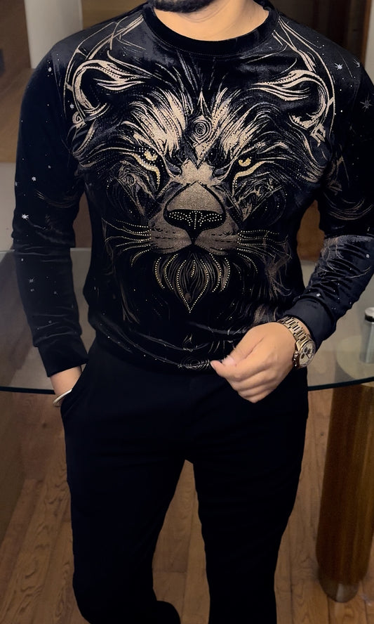 Velvet Swarovski Lion Full Face Print Sweatshirt - Black