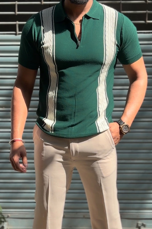 Verona Striped Old Money Knitted Polo Tshirt - Green
