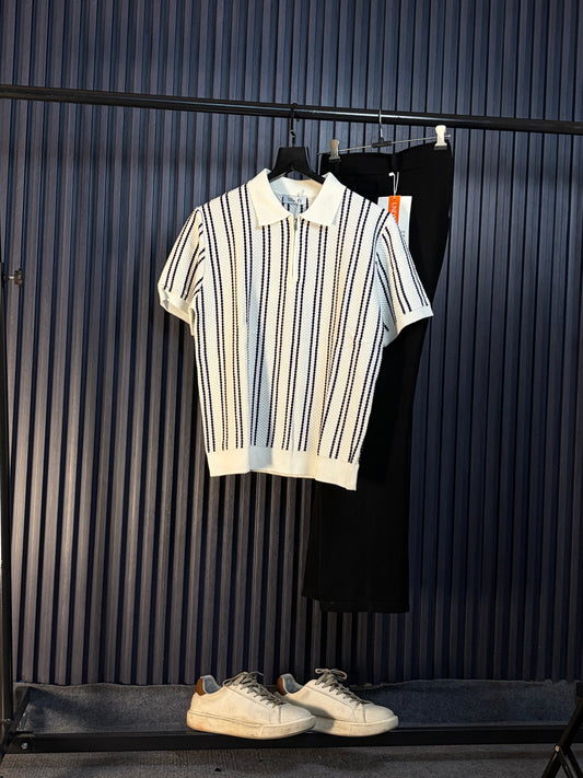 Monaco Striped Old Money Knitted Polo Tshirt - White