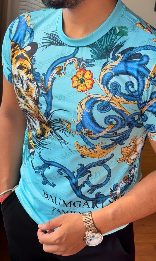 Tiger Couture All Over Print Viscose Tshirt - Blue