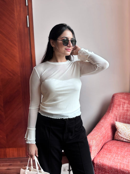 Sheer Mesh Long Sleeve Wrap Top In White
