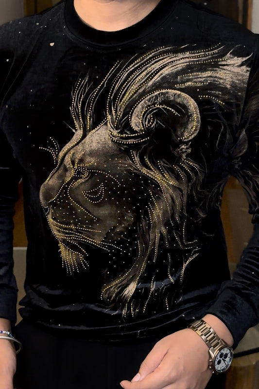 Velvet Swarovski Lion Side Face Gold Print Sweatshirt