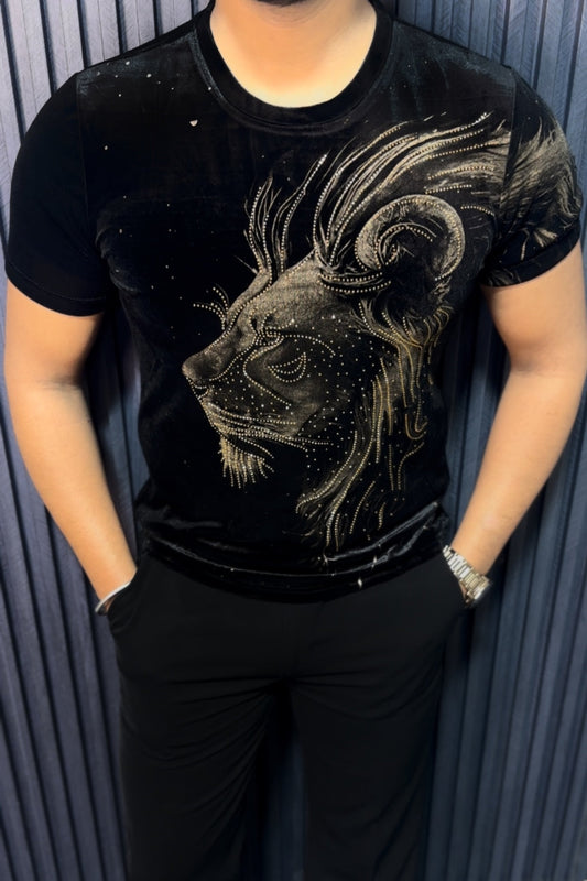 Velvet Swarovski Lion Side Face Gold Half Sleeves Tshirt - Black
