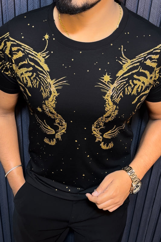 Tiger Double Face Half Sleeves Tshirt - Black
