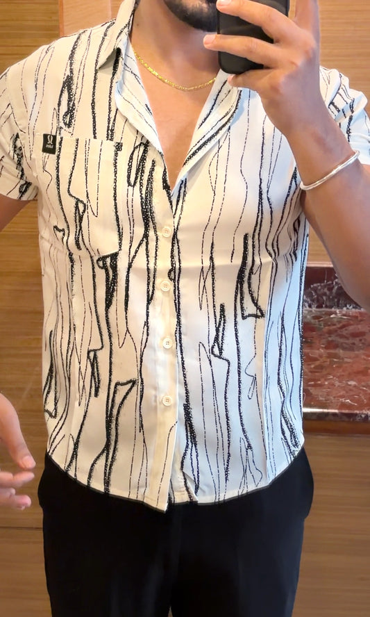 Striped Abstract Print Jacquard Half Sleeves Shirt - WHITE