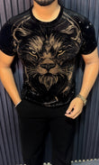 Velvet Swarovski Lion Full Face Half Sleeves Tshirt - Black