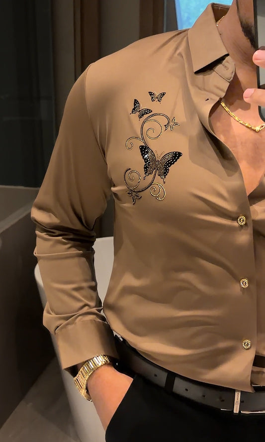 Roseatte Luxe Stitchless Jacquard Shirt - CAMEL