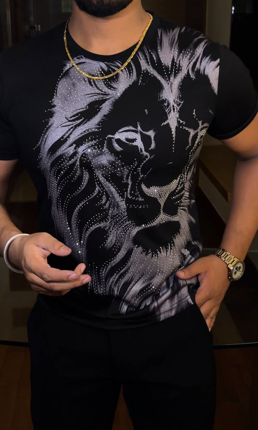 Lion Swarovski Luxe Side Face Silver Half Sleeves Tshirt - Black