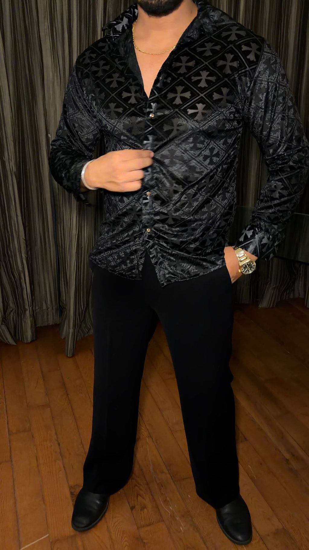 V’vlor Premium Velvet Jacquard Shirt - Black