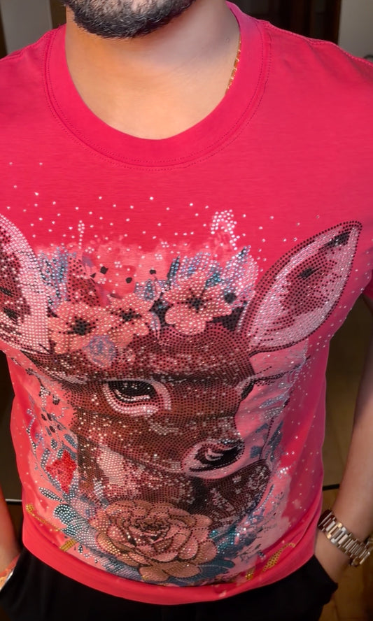 Deer Luxury Diamond Rhinestones Tshirt - Red