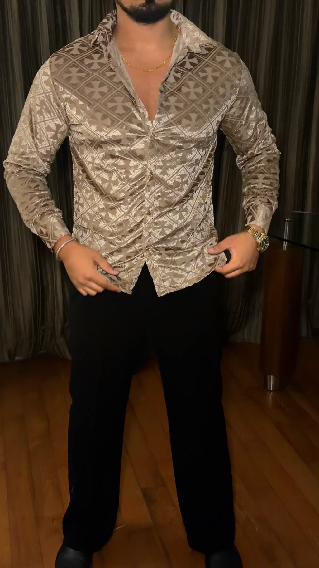 V’vlor Premium Velvet Jacquard Shirt - Gold