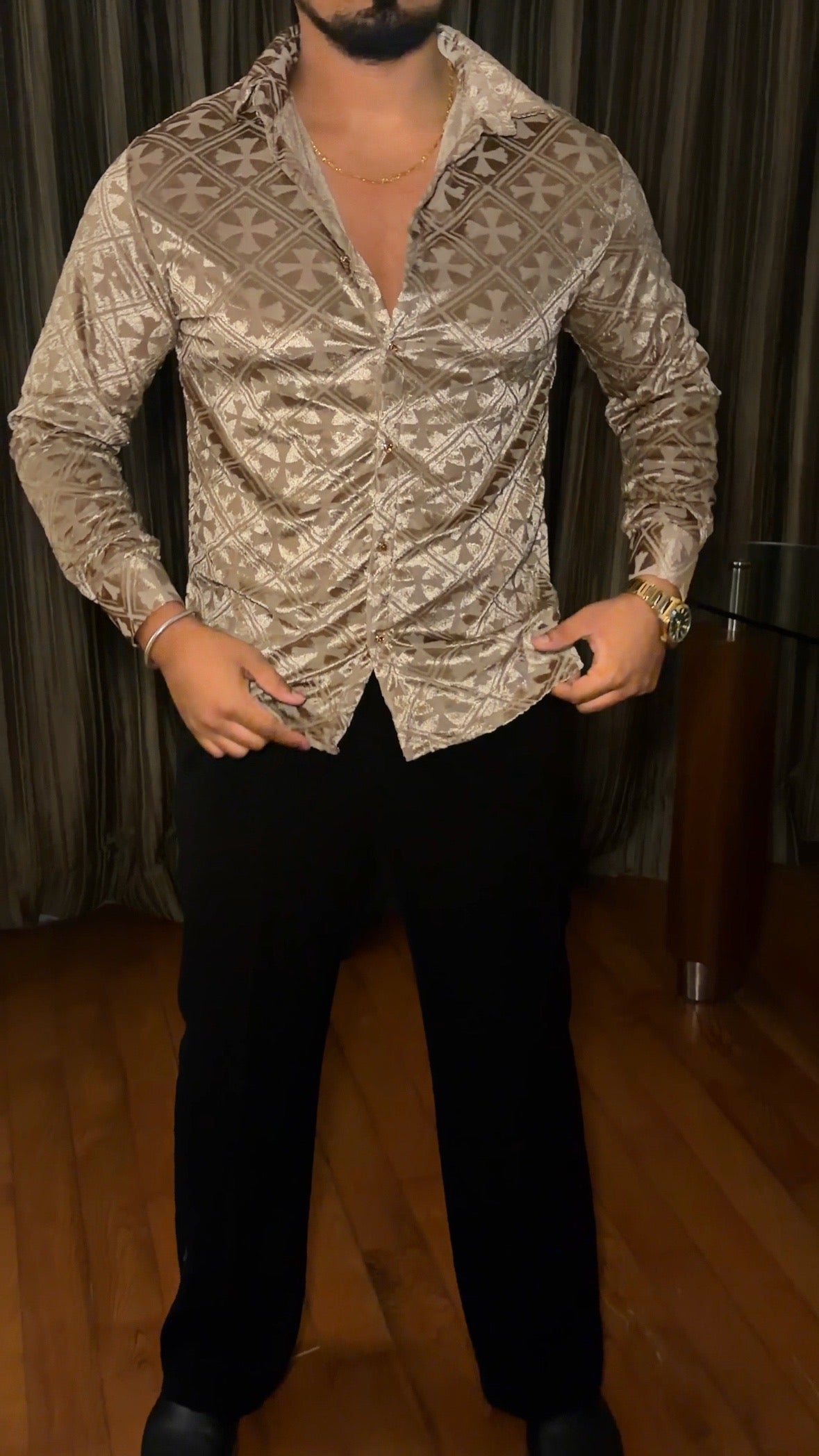 V’vlor Premium Velvet Jacquard Shirt - Gold