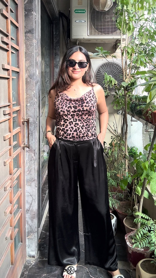 Satin High Waist Straight Fit Pants Black