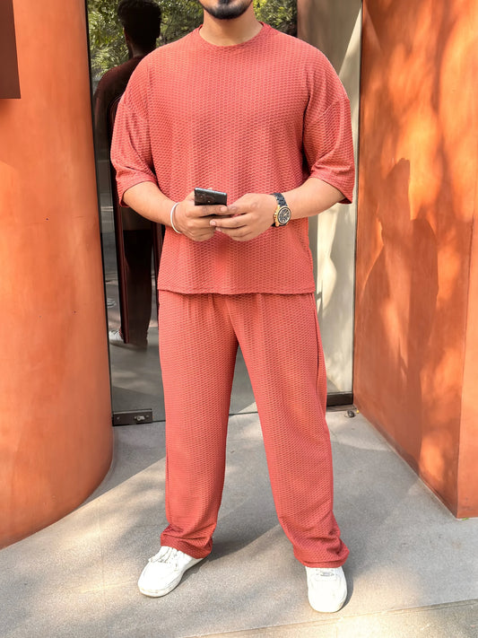 Oversized Solid Textured Coord Set – CORAL