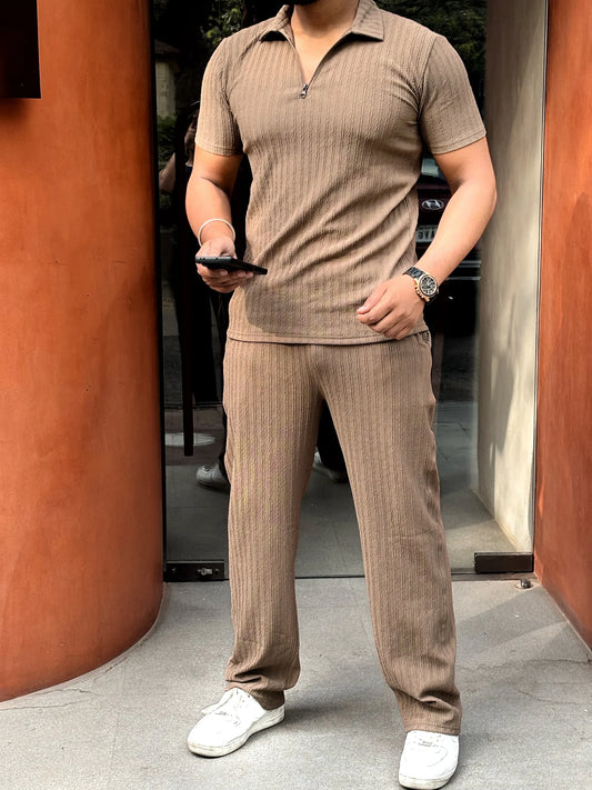 Half Zipper Tshirt Textured Coord set – BROWN