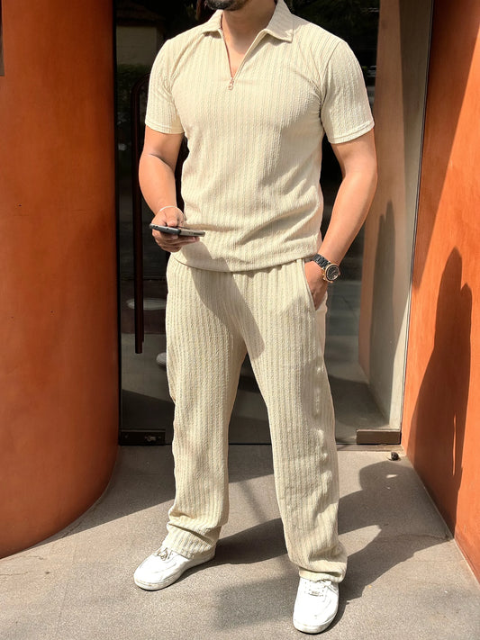 Half Zipper Tshirt Textured Coord set – BEIGE
