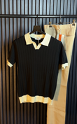 Textured Old Money Polo Solid collar Knitted Tshirt - black