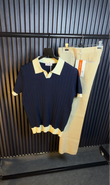 Textured Old Money Polo Solid collar Knitted Tshirt - navy
