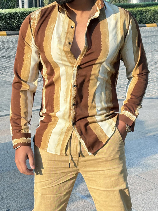 Dusty Brown Striped with Swarovski Regular Fit Casual Shirt