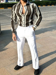 Olive and White Striped with Swarovski Regular fit Party Shirt