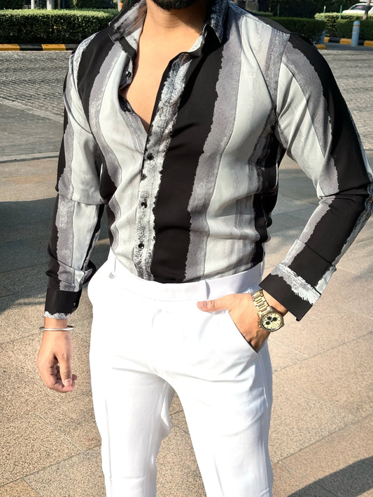 Black and Grey Striped Regular Fit Casual Shirt