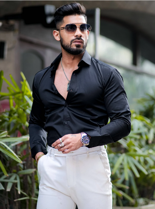 Solid Giza Cotton Lycra Shirt - Black