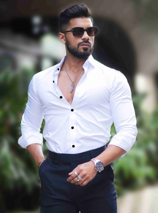 Solid Giza Cotton Lycra Shirt - White