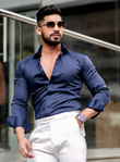 Solid Giza Cotton Lycra Shirt - Navy
