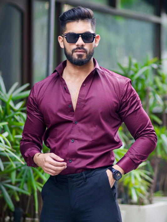 Solid Giza Cotton Lycra Shirt - Wine