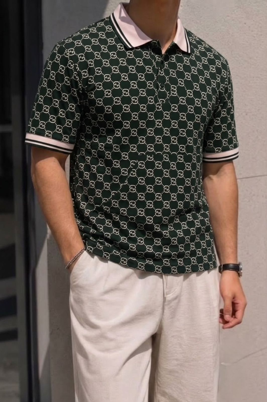 GG White Collar Polo Tshirt - Green