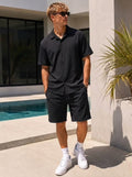 Crushed Linen Solid Short Set - Black