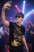 Velvet Swarovski Tiger Side Face Gold Half Sleeves Tshirt - Black