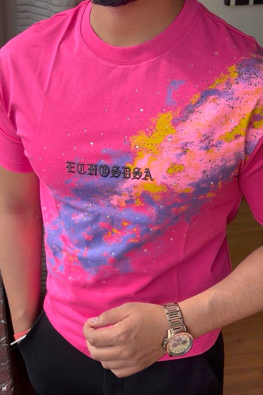 Abstract paint luxury diamond rhinestone tshirt - pink - Under Attack