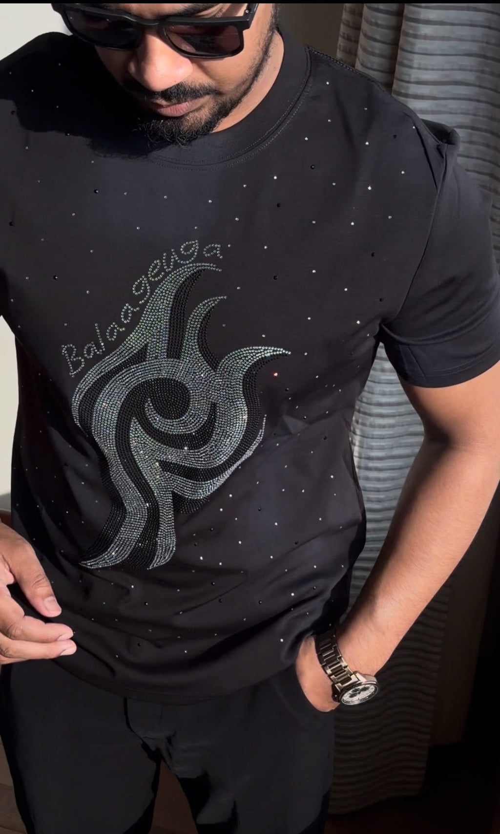 Acid Flame Luxury Diamond Rhinestones Tshirt - Black - Under Attack