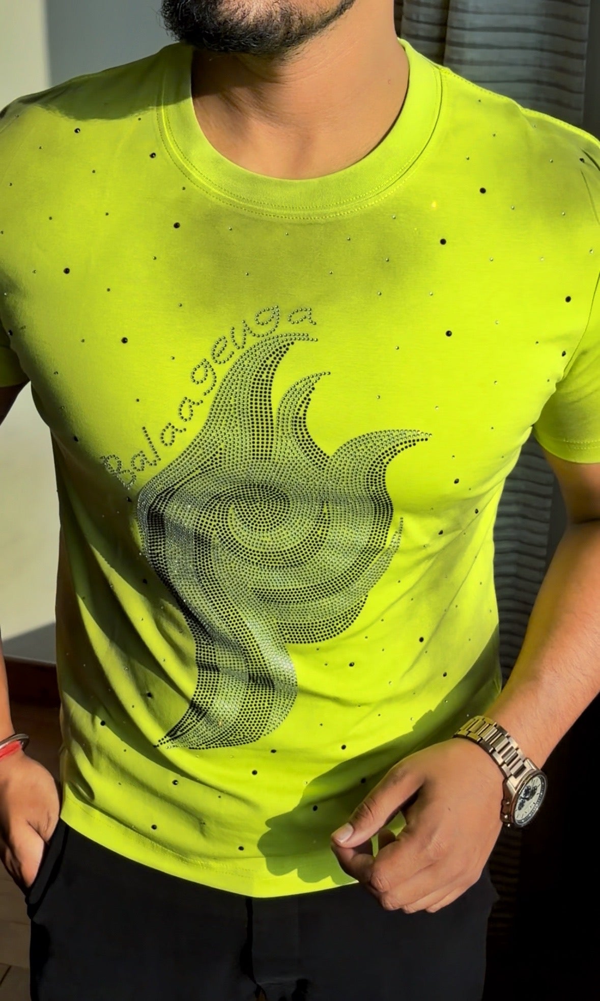 Acid Flame Luxury Diamond Rhinestones Tshirt - Neon Yellow - Under Attack