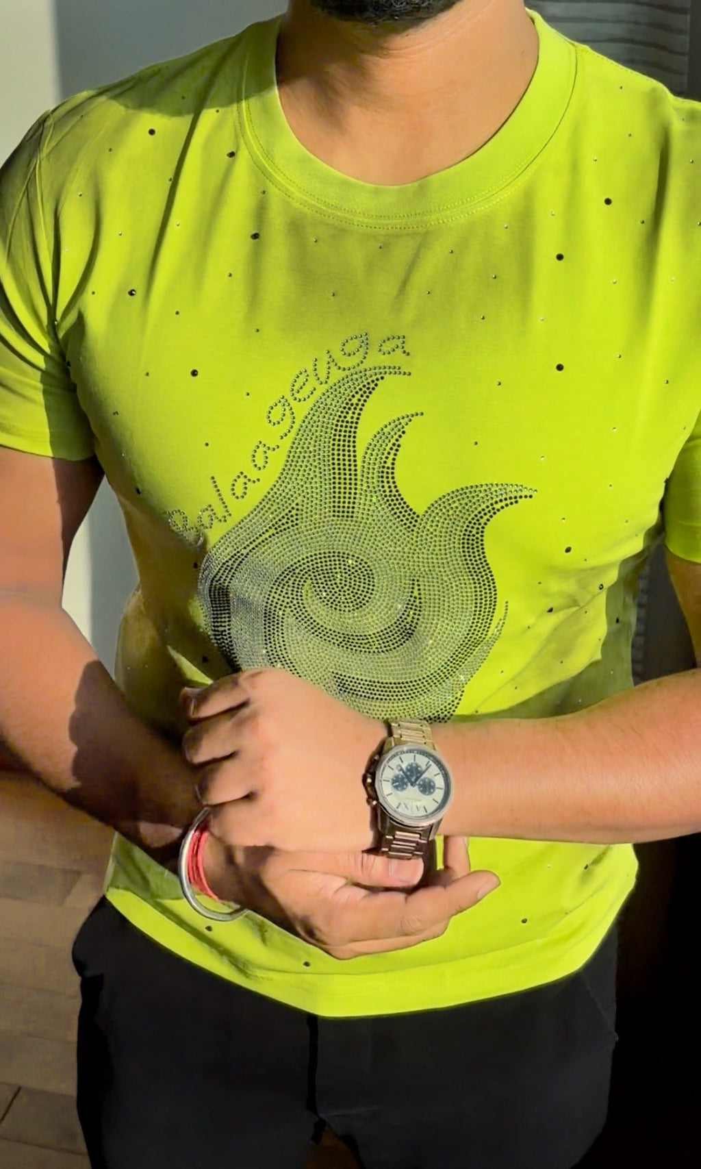 Acid Flame Luxury Diamond Rhinestones Tshirt - Neon Yellow - Under Attack