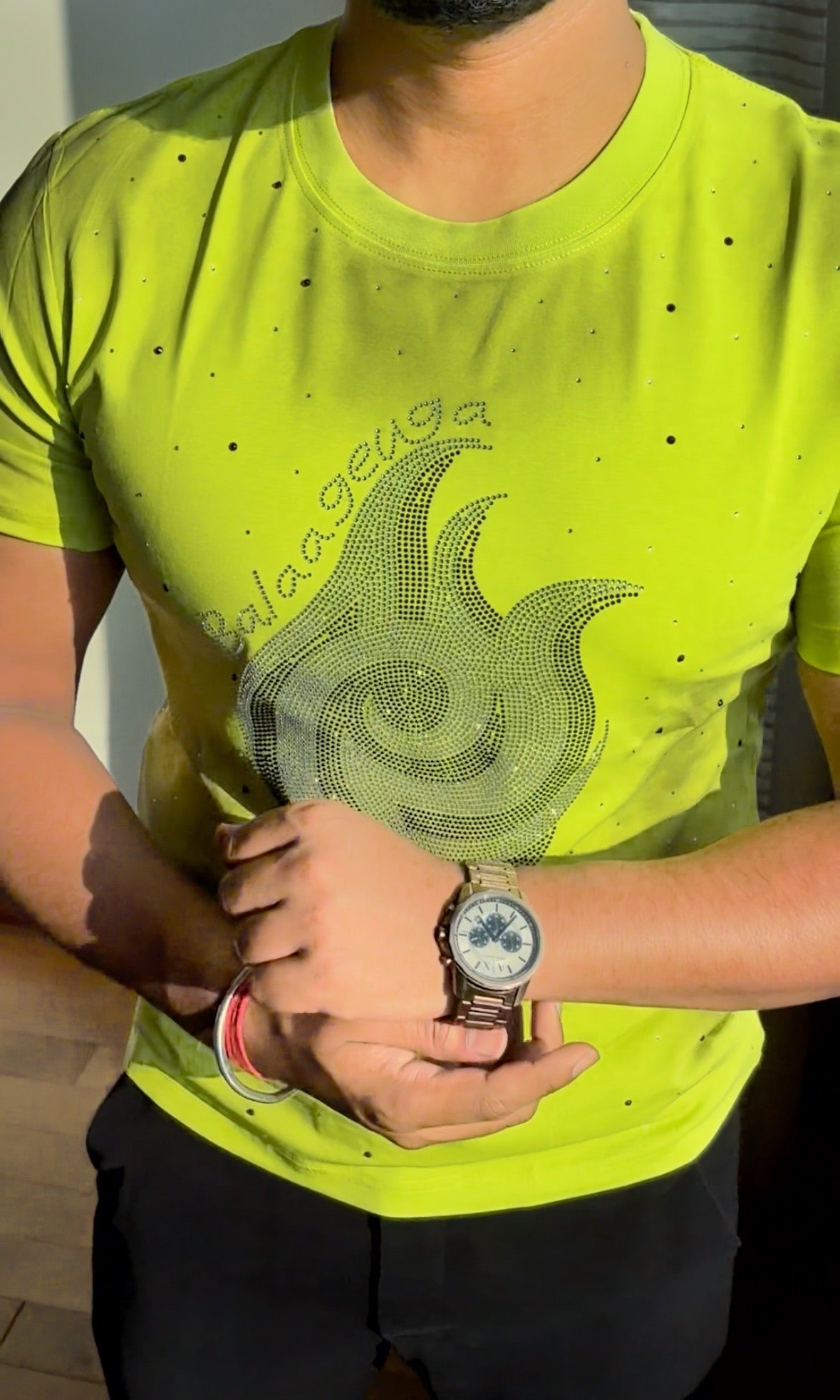 Acid Flame Luxury Diamond Rhinestones Tshirt - Neon Yellow - Under Attack