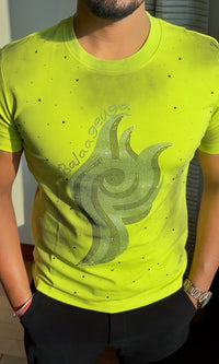 Acid Flame Luxury Diamond Rhinestones Tshirt - Neon Yellow