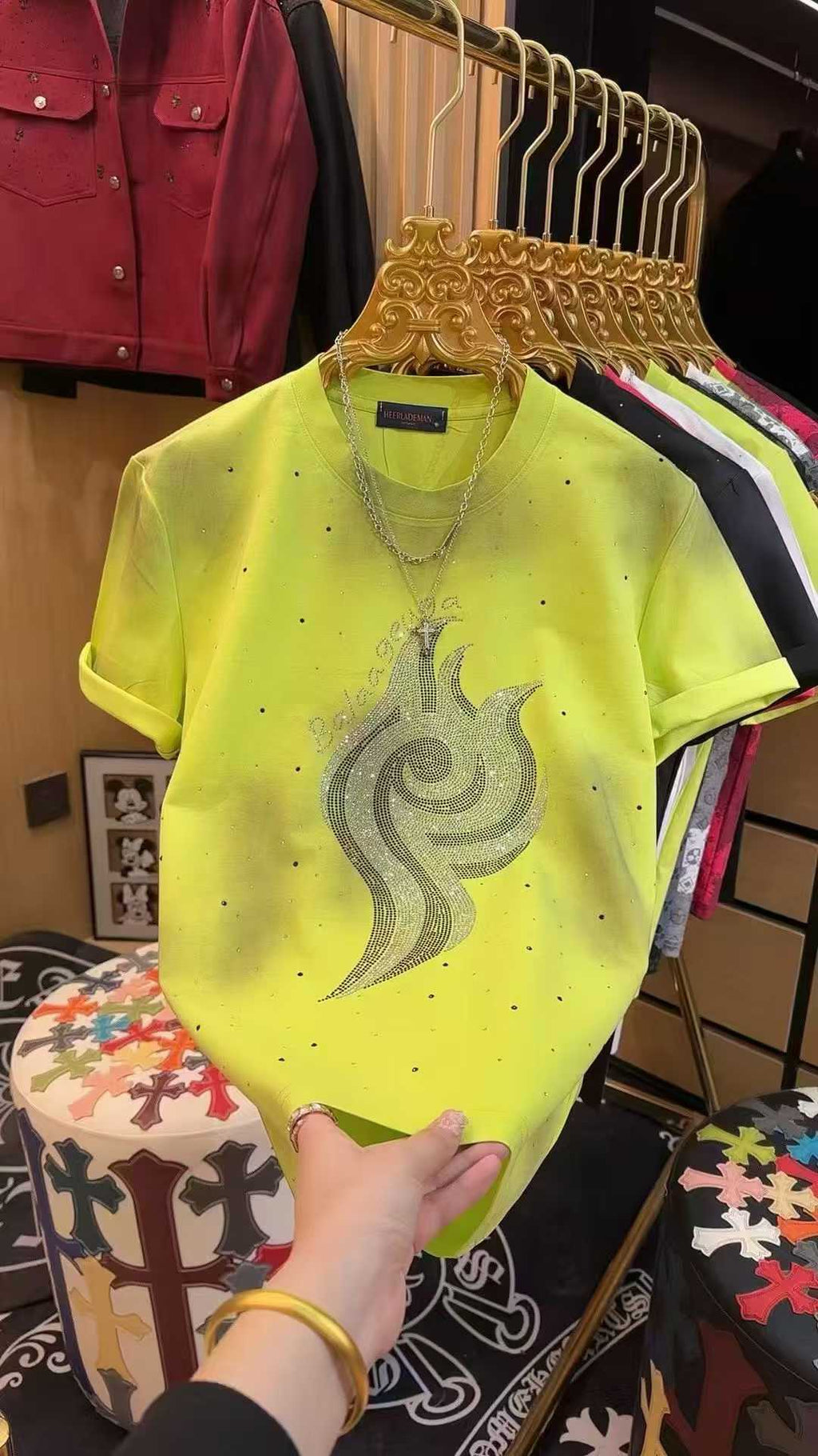 Acid Flame Luxury Diamond Rhinestones Tshirt - Neon Yellow - Under Attack