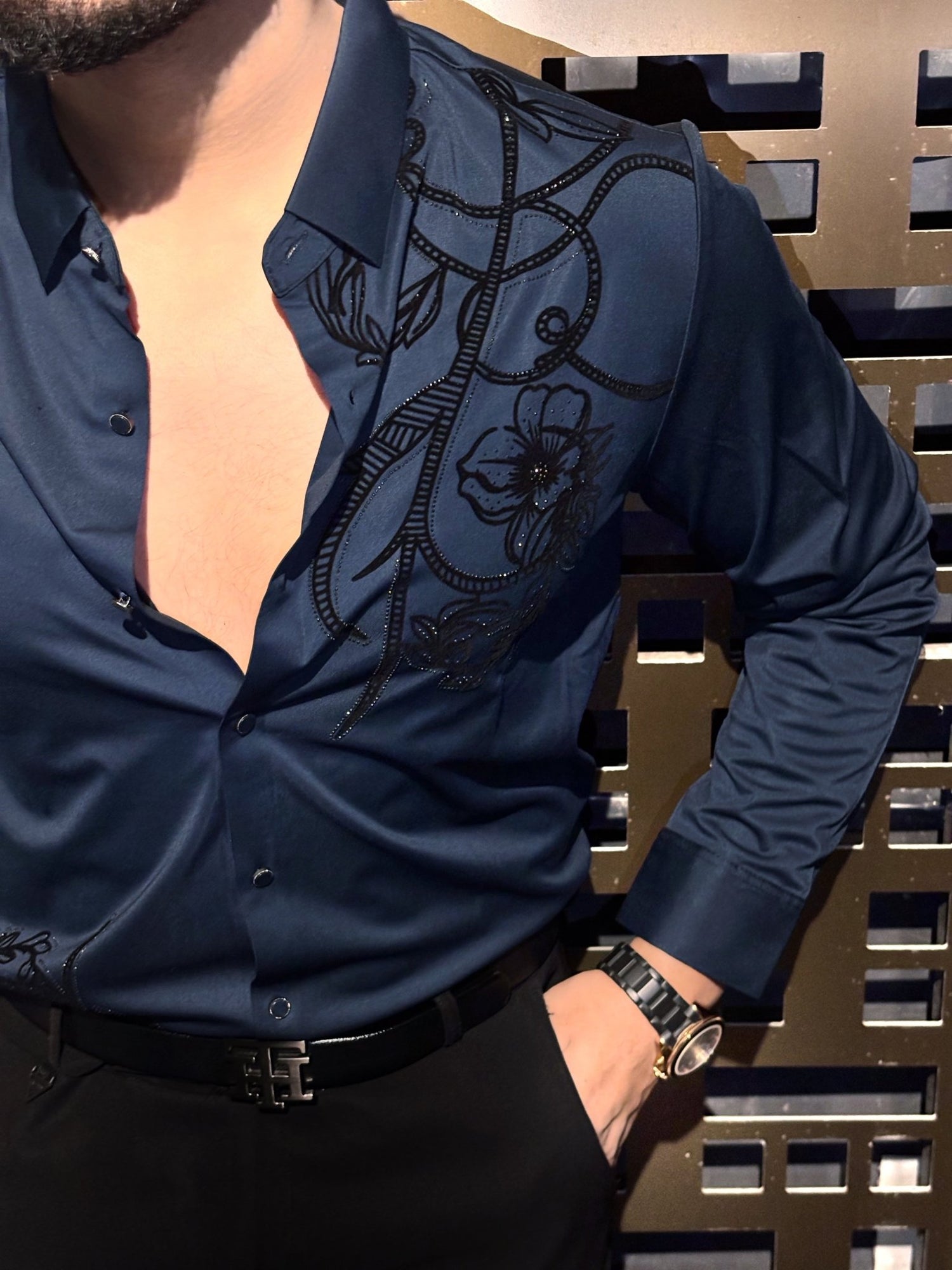 Barcelona Blossom Jacquard Shirt - NAVY - Under Attack