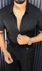 Cairo Canvas Jacquard Half Sleeves Shirt - BLACK - Under Attack