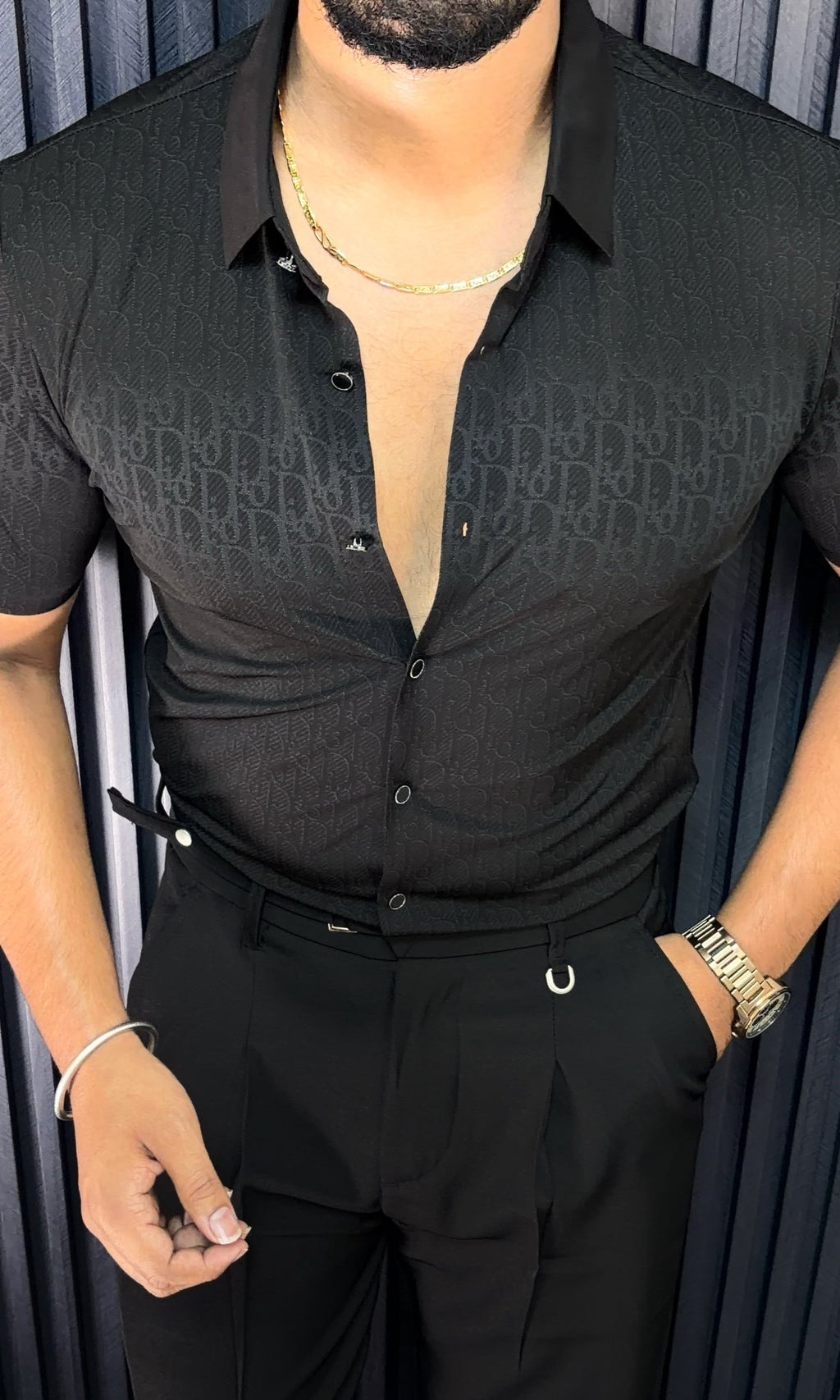 Cairo Canvas Jacquard Half Sleeves Shirt - BLACK - Under Attack