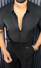 Cairo Canvas Jacquard Half Sleeves Shirt - BLACK - Under Attack
