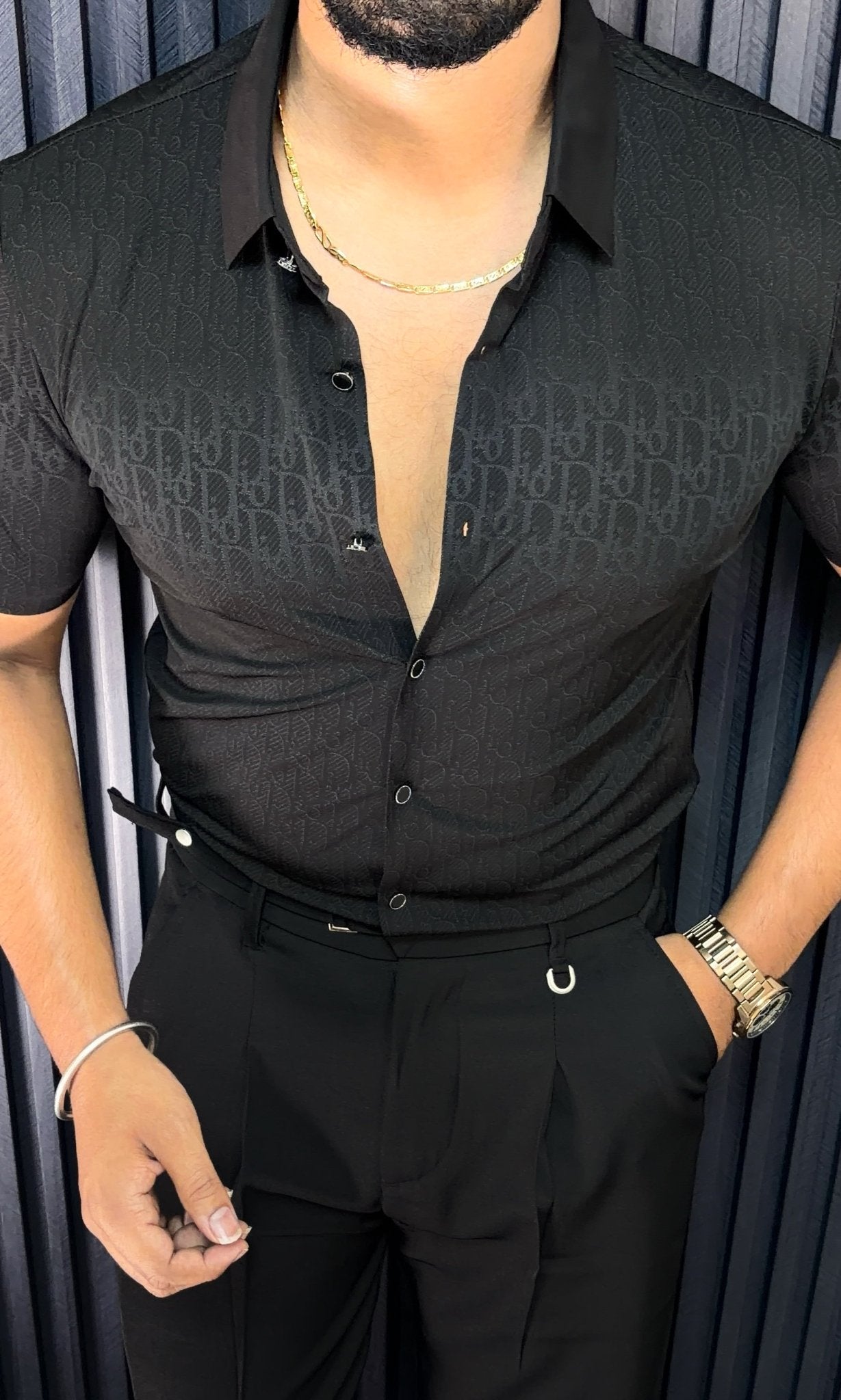 Cairo Canvas Jacquard Half Sleeves Shirt - BLACK - Under Attack