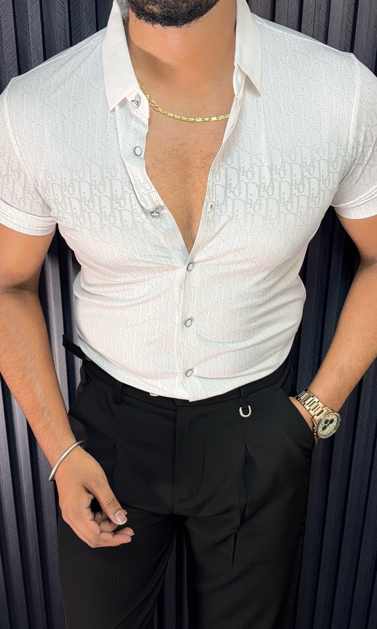 Cairo Canvas Jacquard Half Sleeves Shirt - WHITE - Under Attack