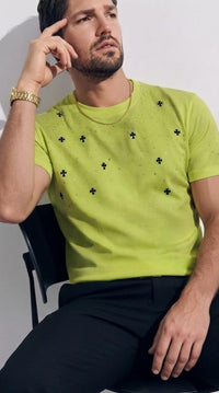 Cross chromeheart luxury diamond rhinestone tshirt - neon